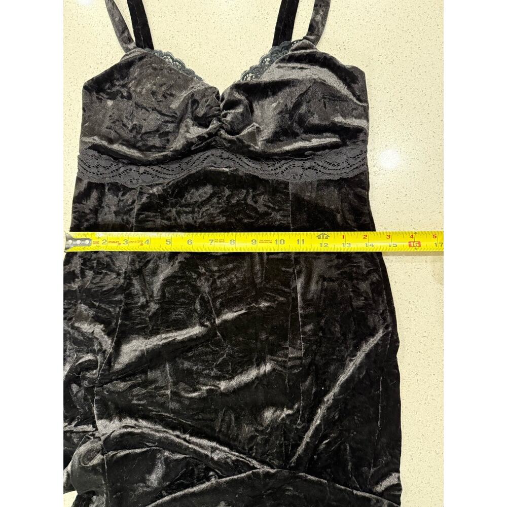 Y2K Crushed Velvet Bodycon Mini Dress Black Lace Trim Sz 2 Slip Dress 90’s Goth - Picture 9 of 12